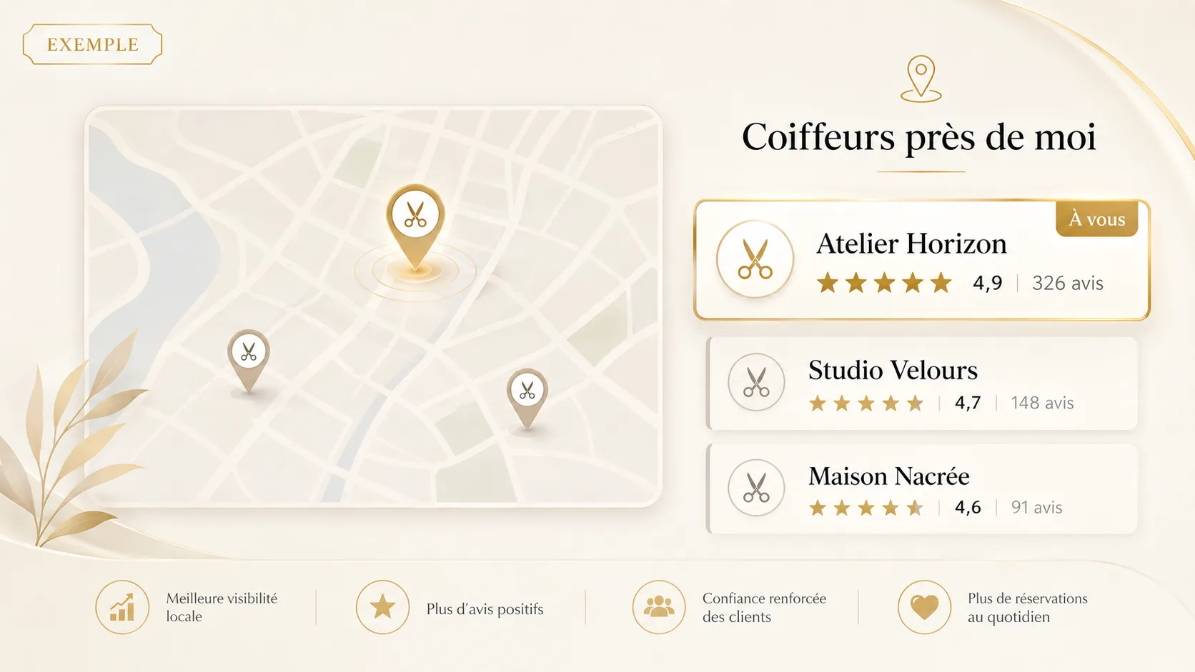 Exemple : une recherche « près de moi » sur Google ; les commerces avec le plus d'avis récents apparaissent en premier.