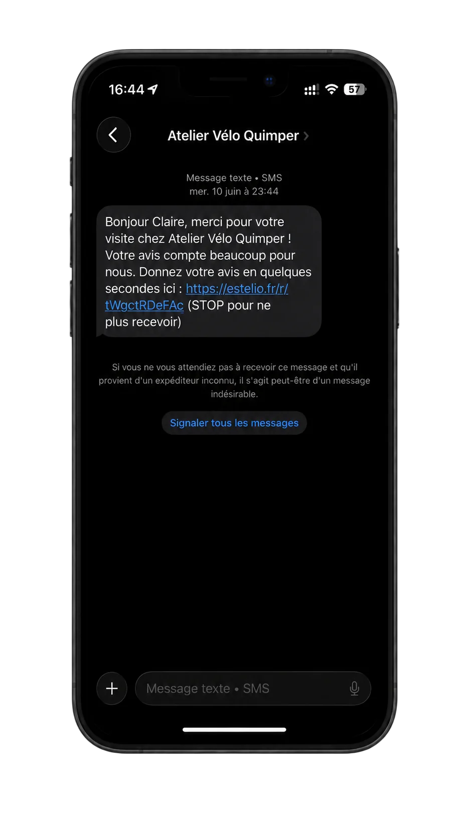 Le SMS reçu par le client, au nom du commerce, avec le lien d'avis